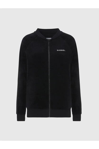 Black zip-up jacket with stand collar, full zipper, and Diesel chest logo