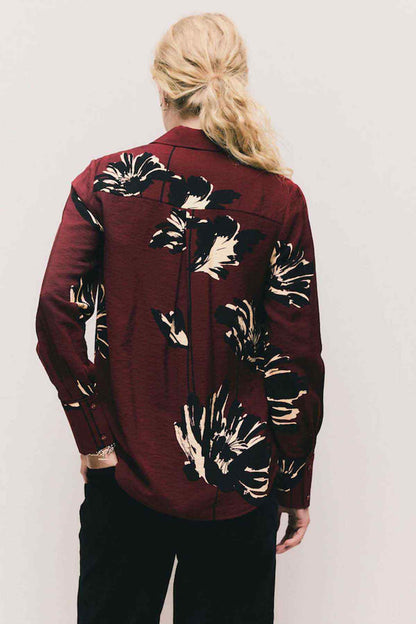 Back of wine floral button-up shirt with long sleeves