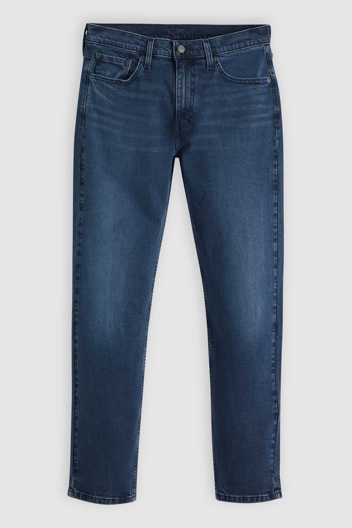 Levi's blue denim jeans with five pockets, belt loops, and button closure