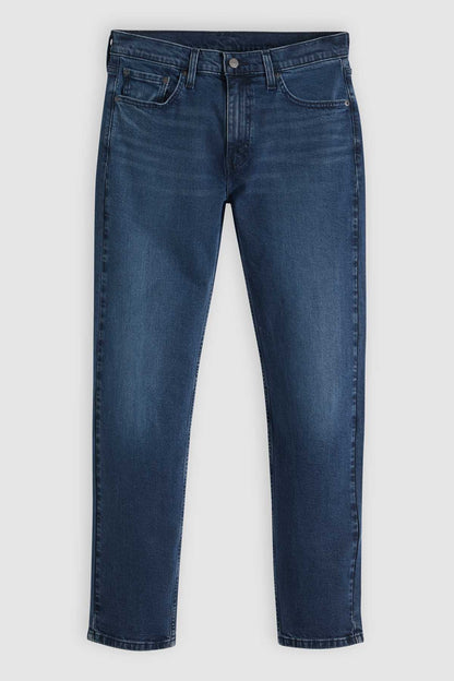 Levi's blue denim jeans with five pockets, belt loops, and button closure