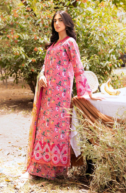 Rose pink long floral dress with embroidered hem and side view sleeves