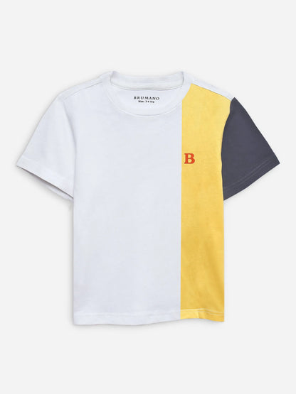 White cotton color-block T-shirt with yellow and navy panels, red B detail
