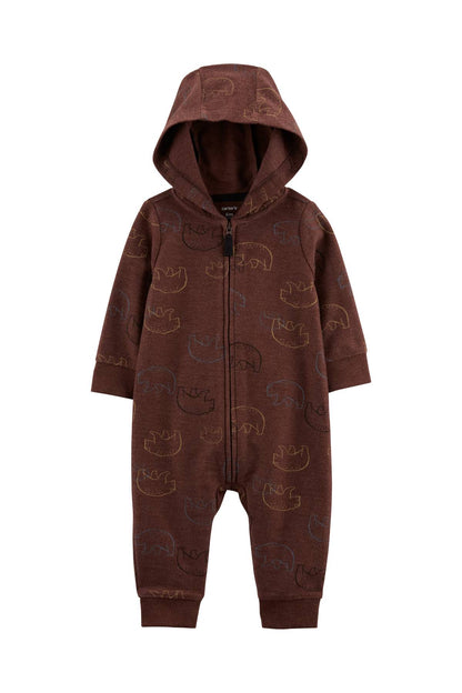 Brown hooded zip-front baby romper with allover dinosaur print