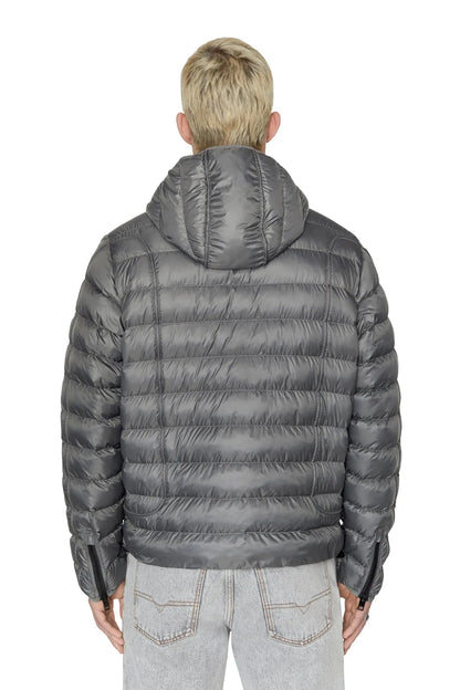 Diesel grey quilted puffer jacket with hood, back view