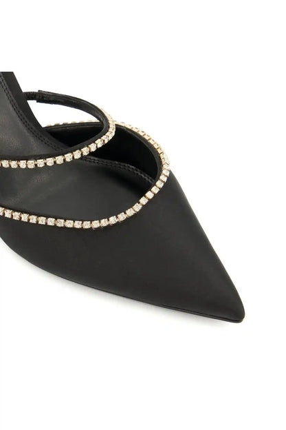 Dune London black mule upper with rhinestone strap detail near toe