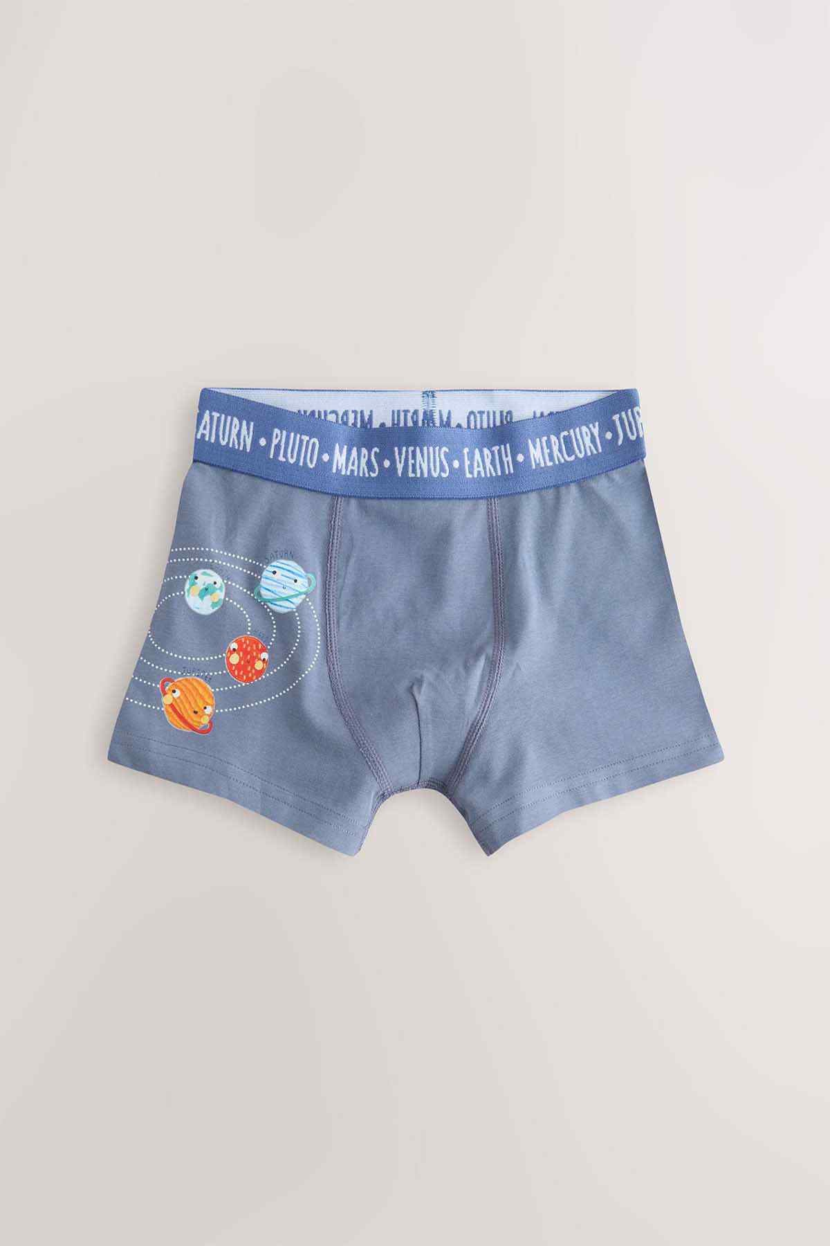 Space-print boys' boxer briefs, medium blue with planet and rocket motifs