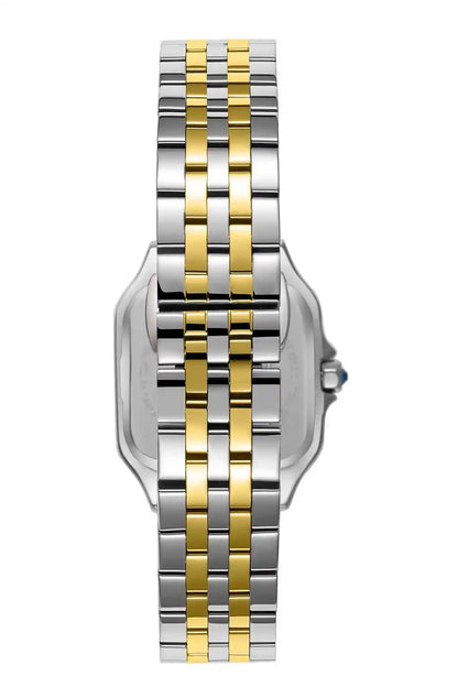 BHPC two-tone wristwatch with gold center links and silver bracelet, side view