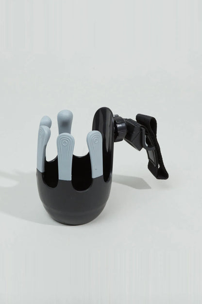 Black stroller cup holder with curved grip and rear strap clip