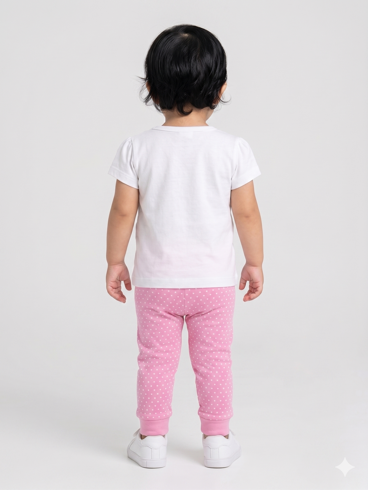 Back view: plain white T-shirt with pink polka-dot jogger pants set