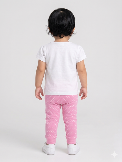 Back view: plain white T-shirt with pink polka-dot jogger pants set