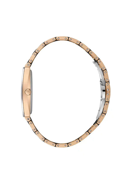 Rose gold and silver-tone watch bracelet with round link track, no dial shown