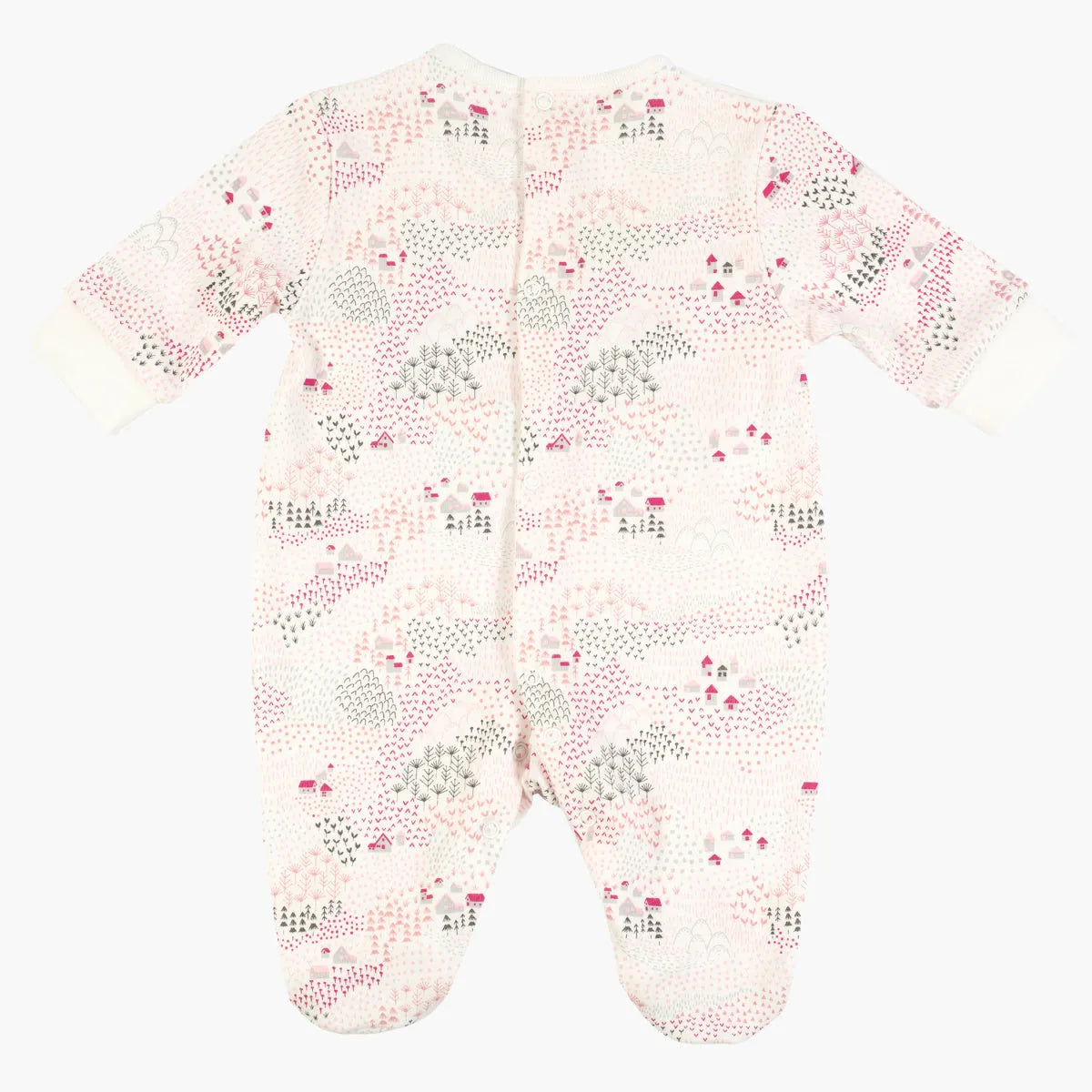 Pink-and-white baby sleepsuit with allover cloud, house, and tree print, footed