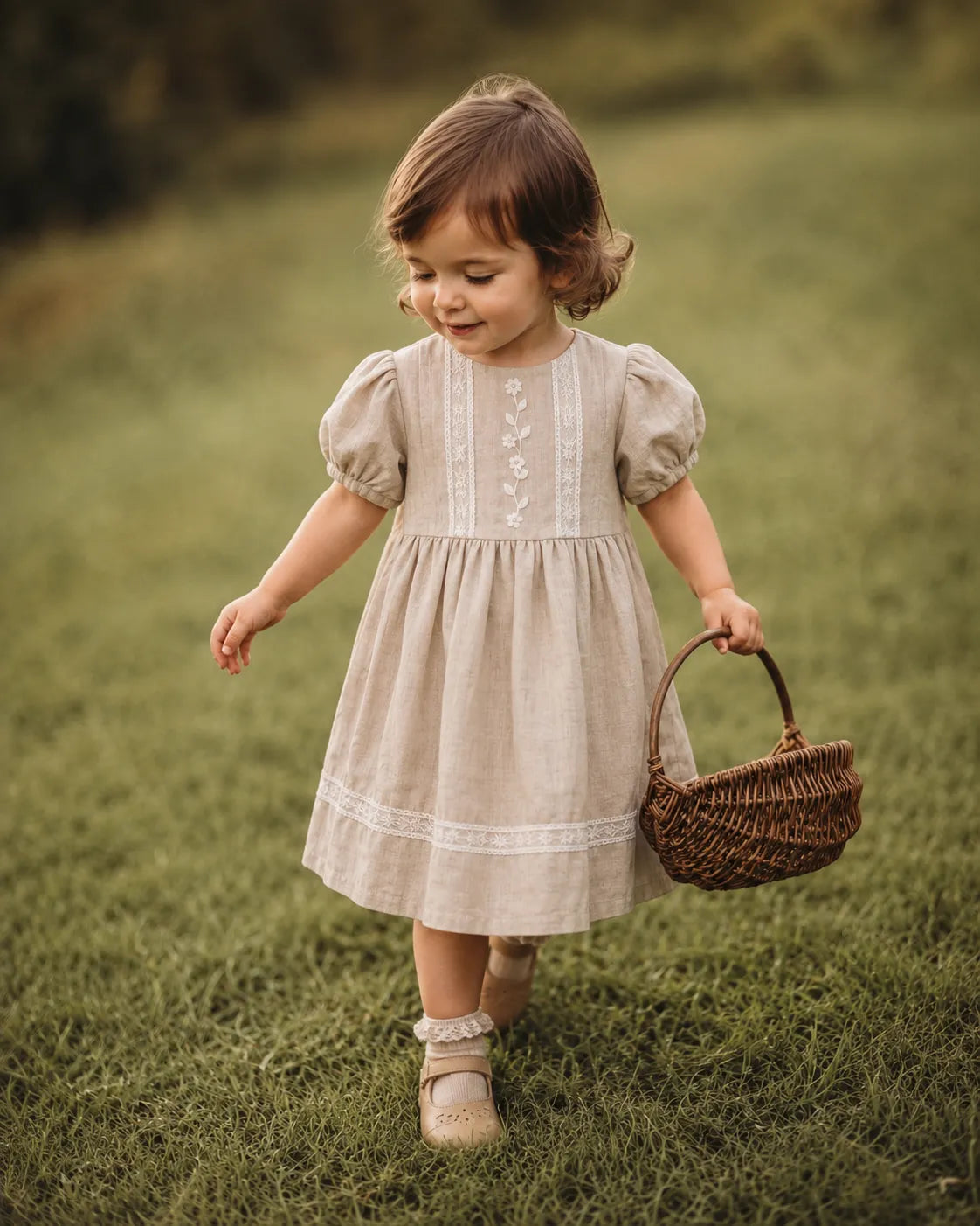 Stone toddler dress, short puff sleeves, embroidered vertical panel, gathered hem
