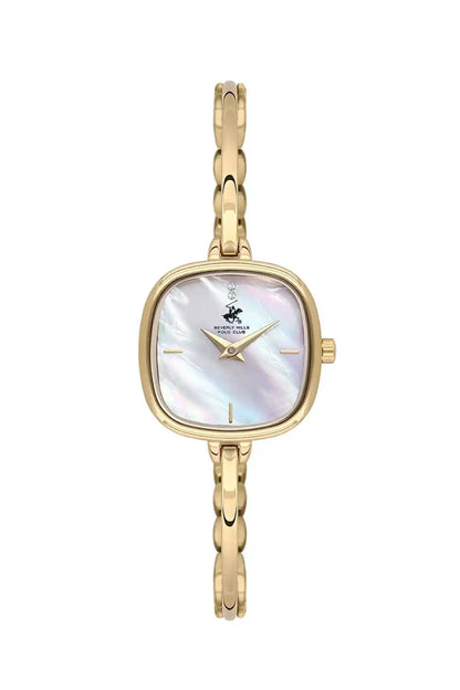 Gold-tone wristwatch with square round bezel, mother-of-pearl dial, link bracelet