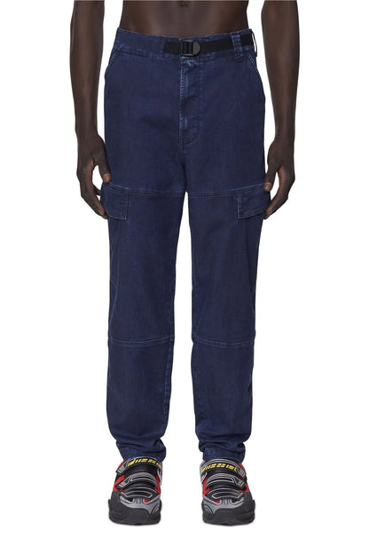 Dark blue denim cargo pants with belt loops, patch pockets, and ankle cuffs