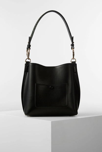 Luella Grey black hobo bag with front snap pocket and curved top handles