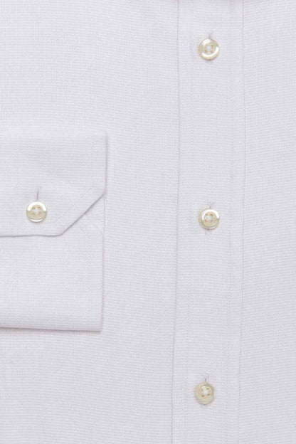 White dress shirt front with chest pocket, cuff, and gold-tone buttons