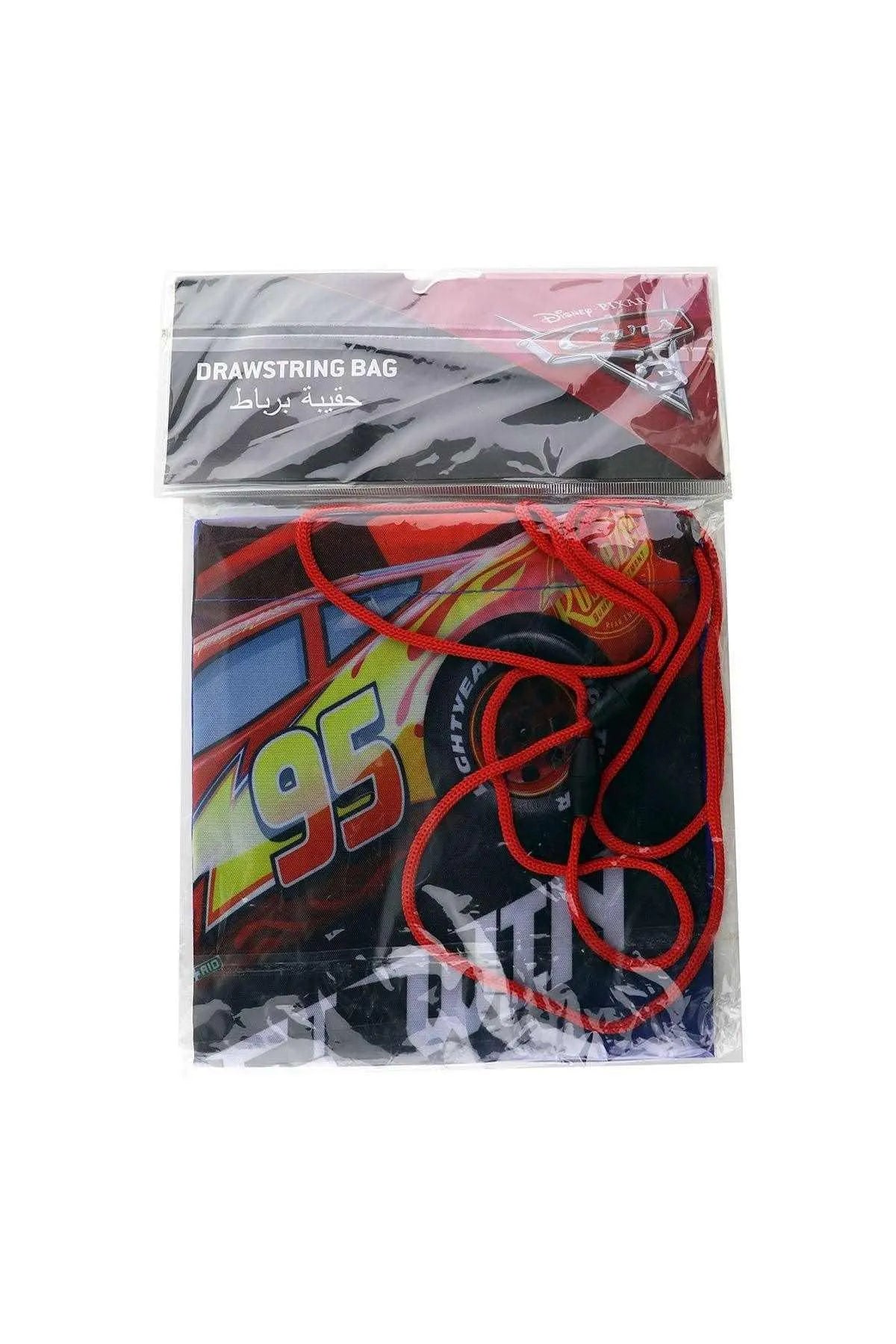 Race car drawstring bag in clear pouch, red and blue with 95 graphic