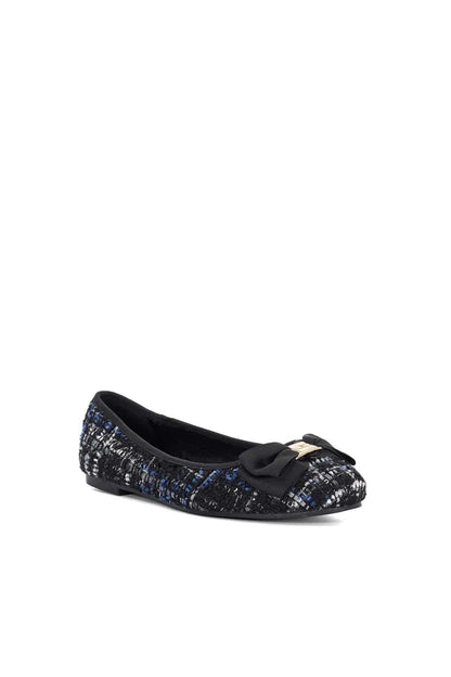 Dune London navy tweed ballet flats with bow and gold logo detail