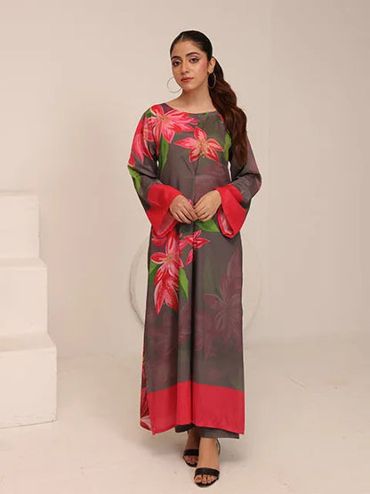 Floral long kurta dress, dark gray with pink and green print, straight silhouette, long sleeves