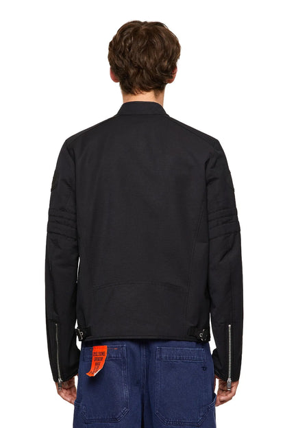 Diesel black jacket back view with quilted sleeve panels and hem tabs
