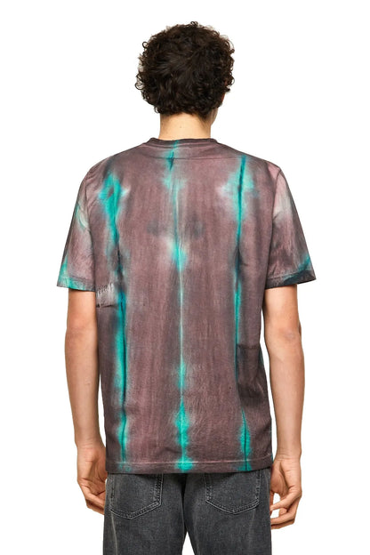 Diesel back view T-shirt in mauve tie-dye with teal center graphic, short sleeves