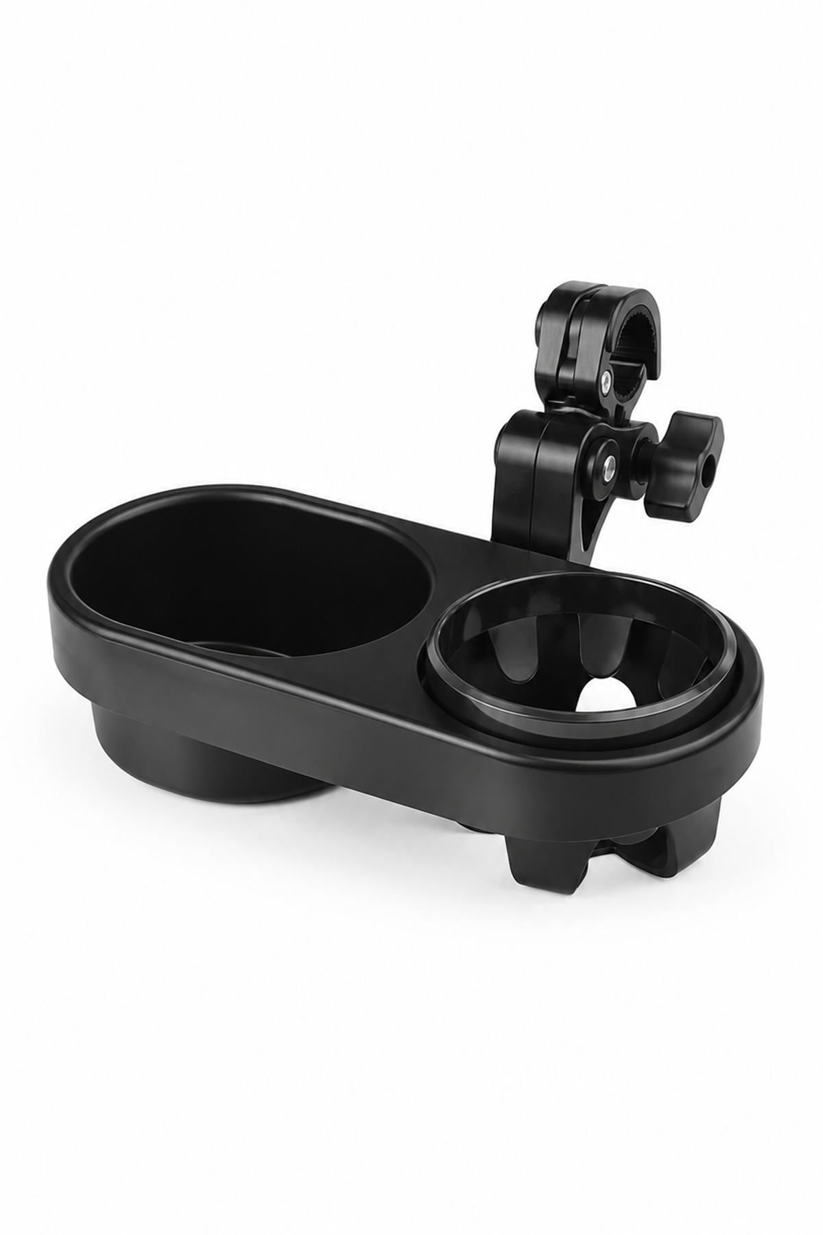 Black stroller cup holder tray with two circular cup compartments