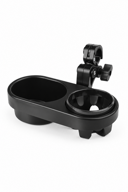Black stroller cup holder tray with two circular cup compartments