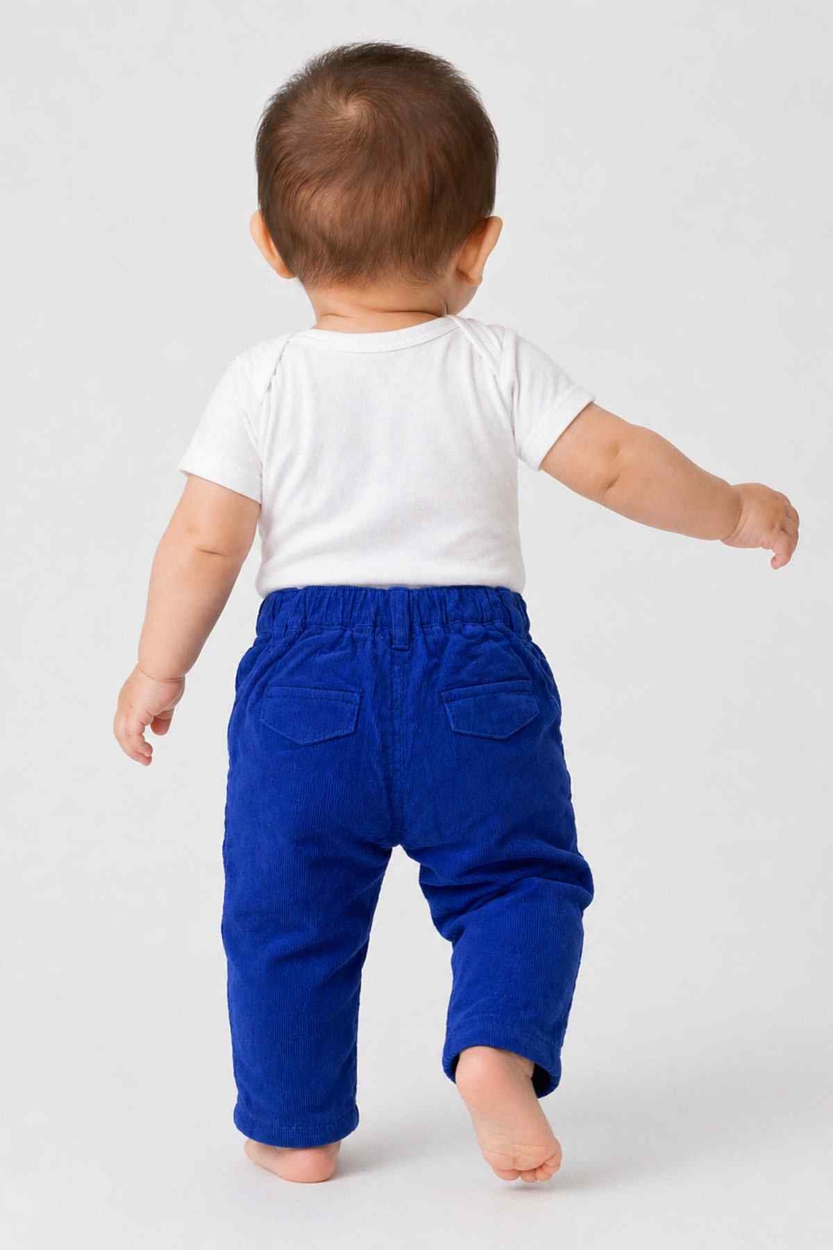 Back view of baby blue pants with elastic waistband and two back pockets