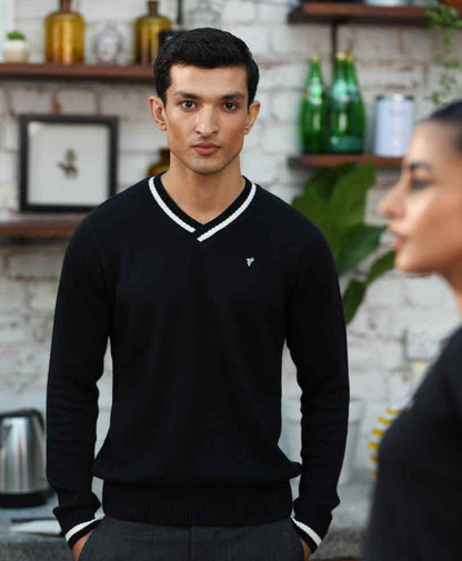 Black fitted V-neck knit sweater with contrast collar trim and ribbed cuffs, chest logo