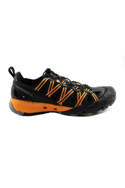 Black trail running shoe with orange midsole and lace-up design