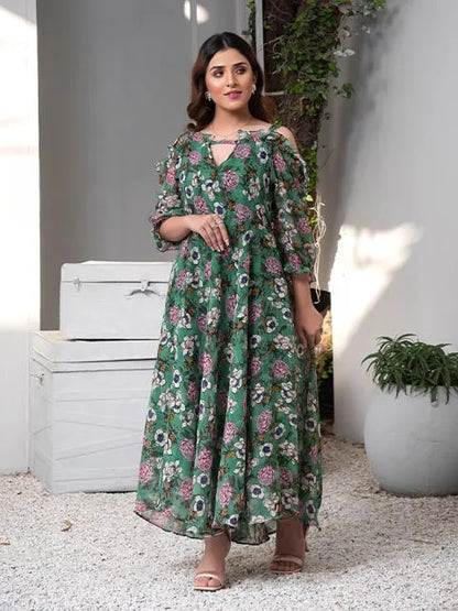 Floral midi dress full length with off-shoulder neckline, green and pink floral pattern