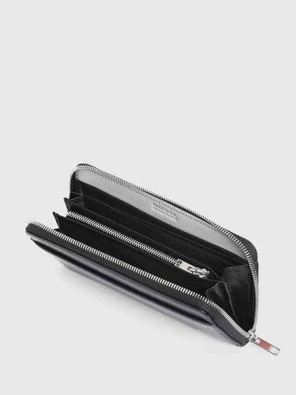 Diesel black leather zip wallet open view, card slots and inner zip pocket