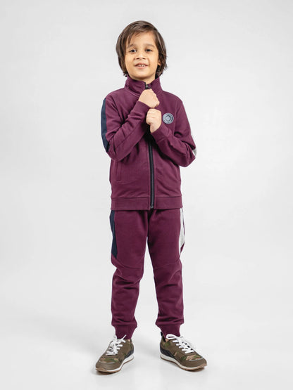 Burgundy kids zip-up tracksuit set with matching pants, full front view