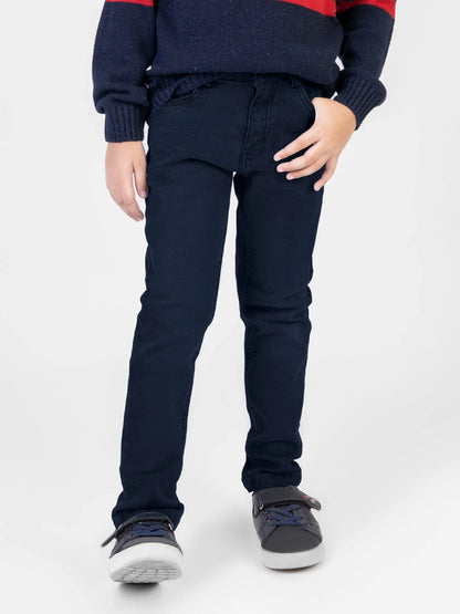 Dark blue denim jeans with five-pocket design and straight legs