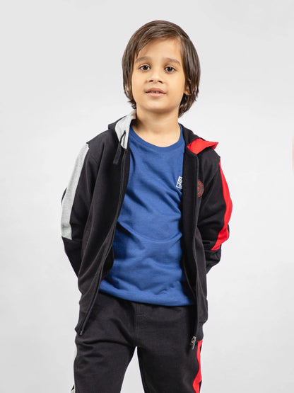 Black 100% cotton kids zip hoodie with red hood lining and round logo patch