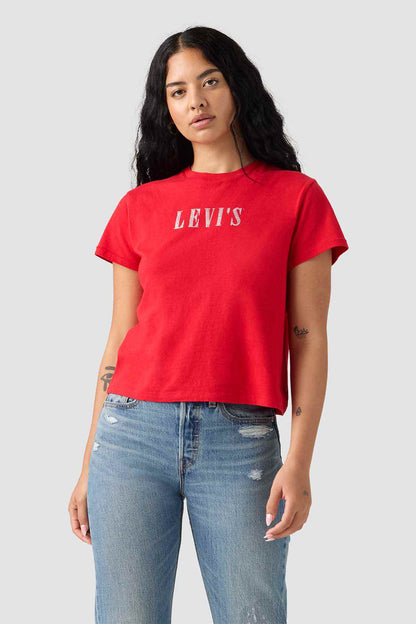 Red Levi's crew-neck T-shirt with white logo text