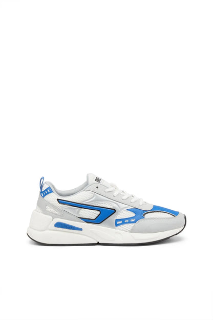 Single low-top sneaker in white with blue overlays and lace-up