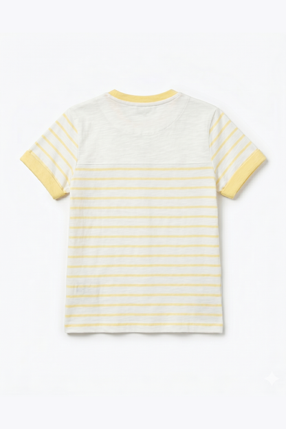 Kids yellow-striped T-shirt, crew neck back view