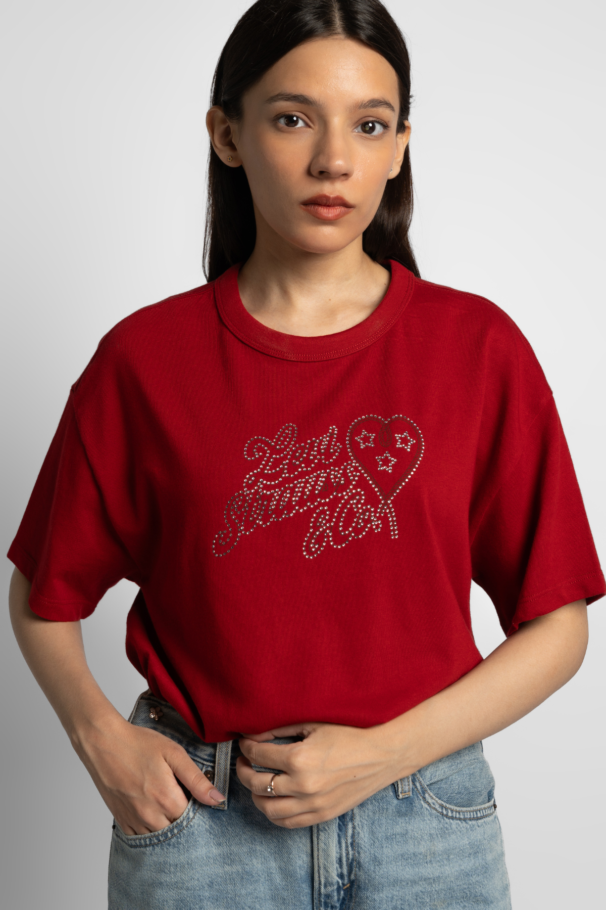 Levi's red short-sleeve T-shirt with rhinestone-style logo graphic