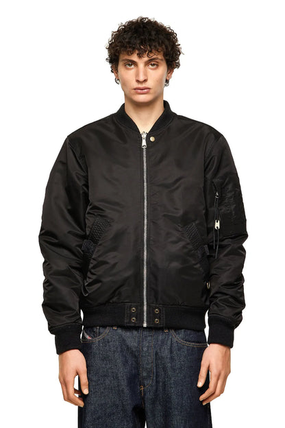 Diesel black bomber jacket with zip front, ribbed cuffs, snap pockets