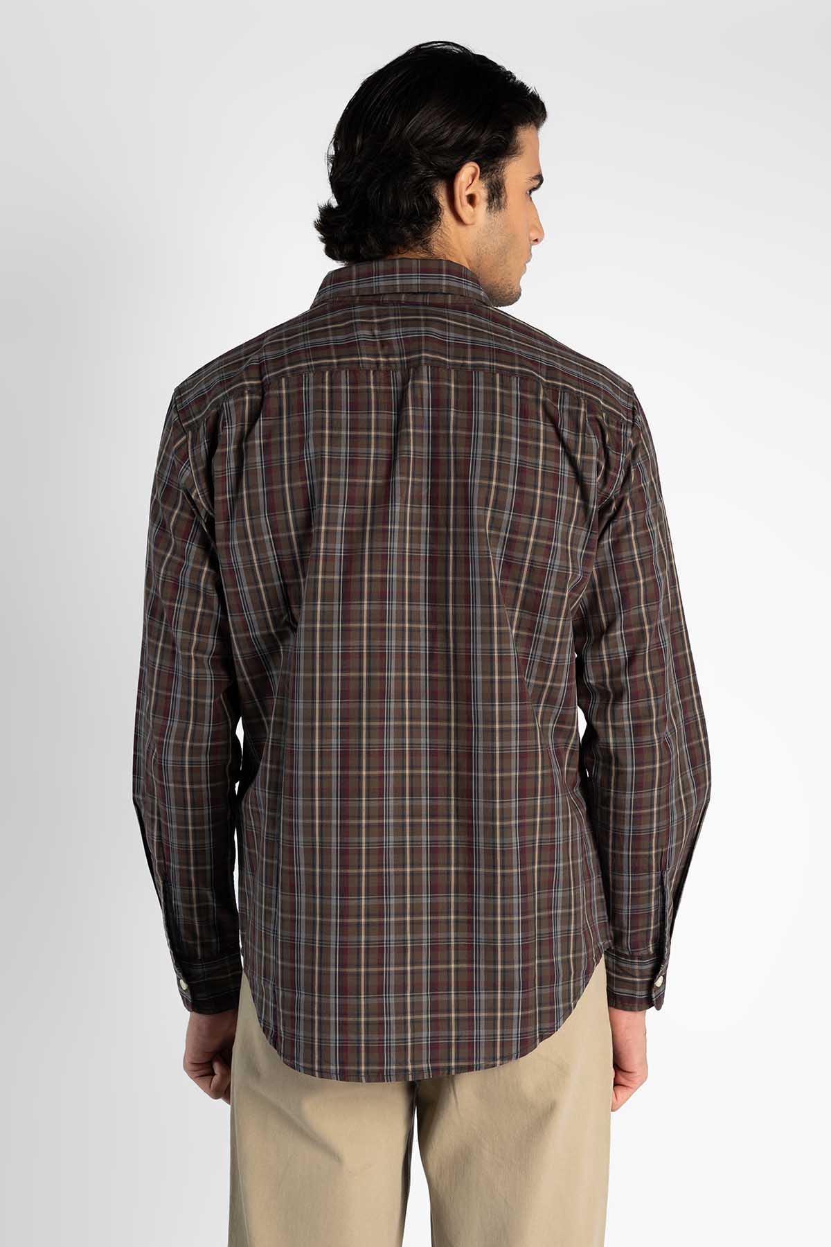 Levi's dark brown plaid button-up shirt, back view with yoke