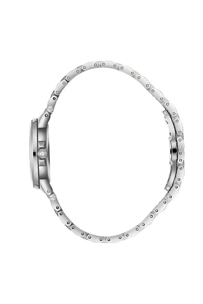 Two-tone metal link wristwatch back and oval case, silver with gold accents