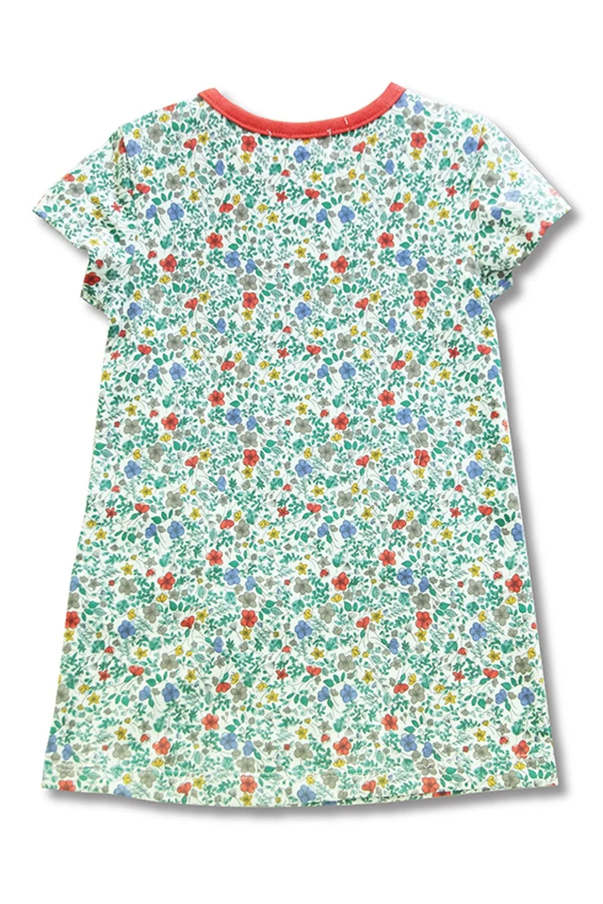 Floral print T-shirt dress for baby with coral orange neckline and short sleeves
