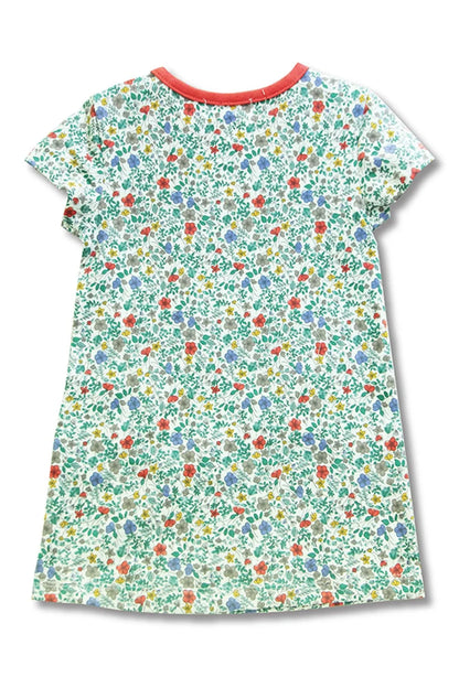Floral print T-shirt dress for baby with coral orange neckline and short sleeves