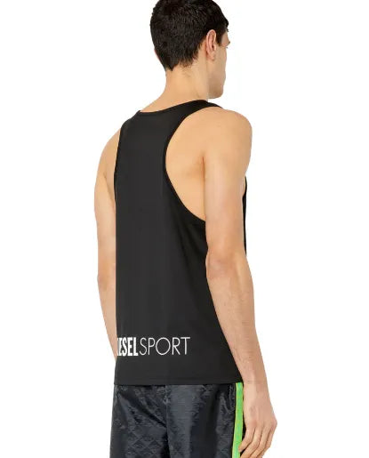 Men's black backless tank top with DIESEL SPORT printed on back