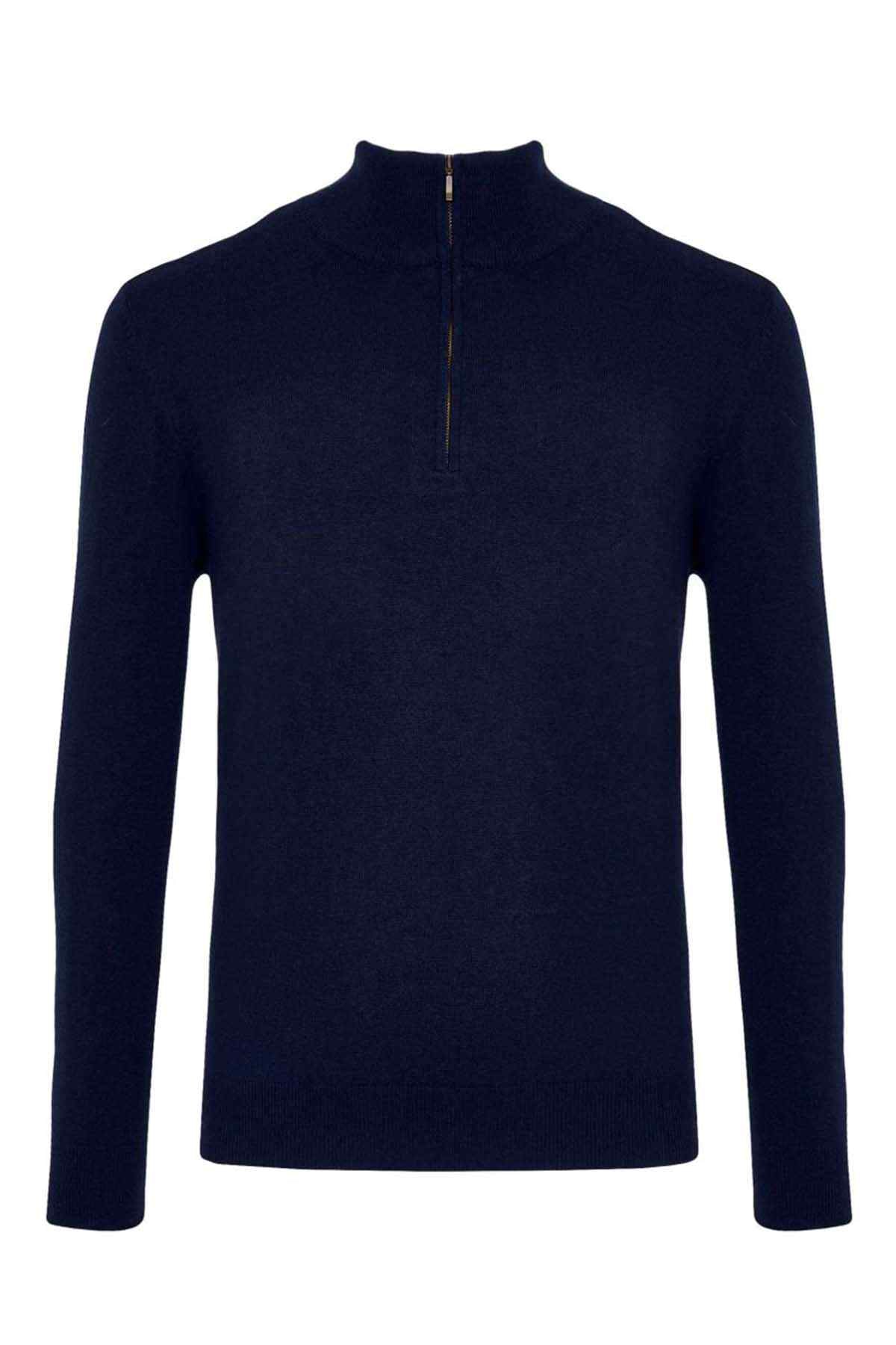 Navy knit quarter-zip sweater with stand collar and long sleeves