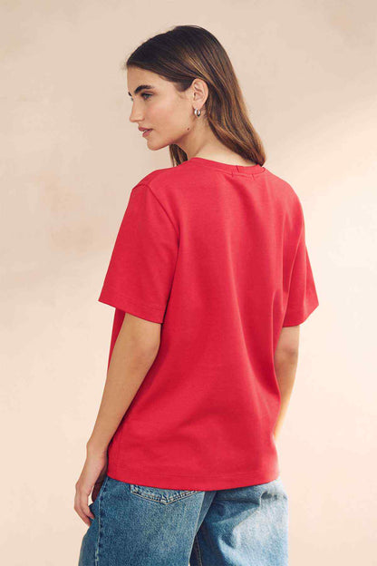 Red crew-neck short-sleeve T-shirt, back view