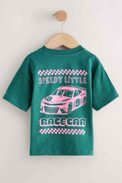 Teal kids' back graphic T-shirt with pink â€œSpeedy Littleâ€ race car design