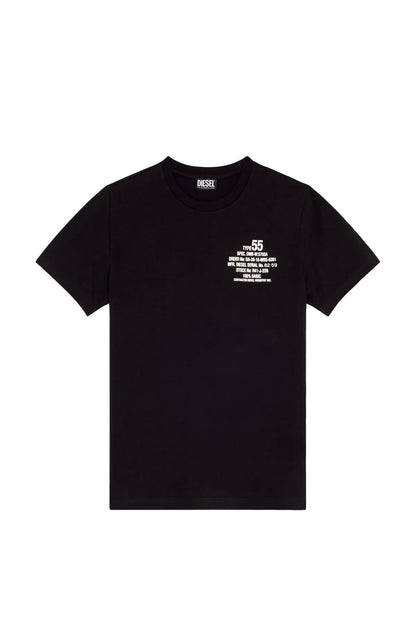 Black crewneck T-shirt with centered chest graphic and Diesel neck label